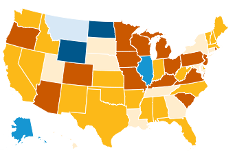 State-level map of percent change in funding per student since fall 2000, US average at -24%
