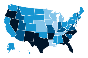State-level map of increase in enrollment since fall 2000, US average at 29%
