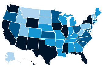 State-level map of percent of enrollments in two-year institutions, US average at 46%