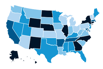 State-level map of funding per FTE student, US average at $7,568