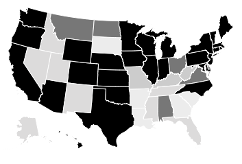 State-level map of percent of state grant aid that is need-based, ranging from 0 to 100%