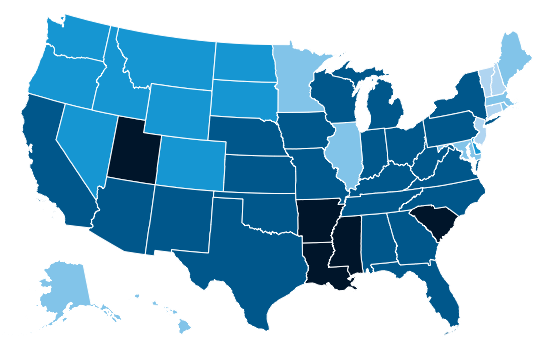 State-level map of percent of college-going high school graduates who enroll in state, US average at 81%