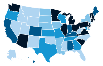 State-level map of four-year in-state tuition and fees in 2014-15, US average at $9,139