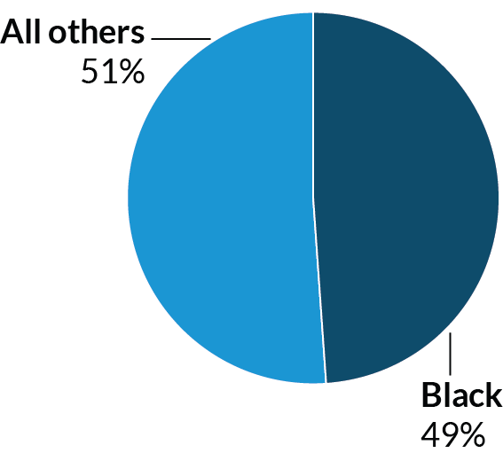 A pie chart showing that 49 percent of people in Pennsylvania prisons are black, and 51 percent of people in Pennsylvania prisons fall within other racial and ethnic categories.