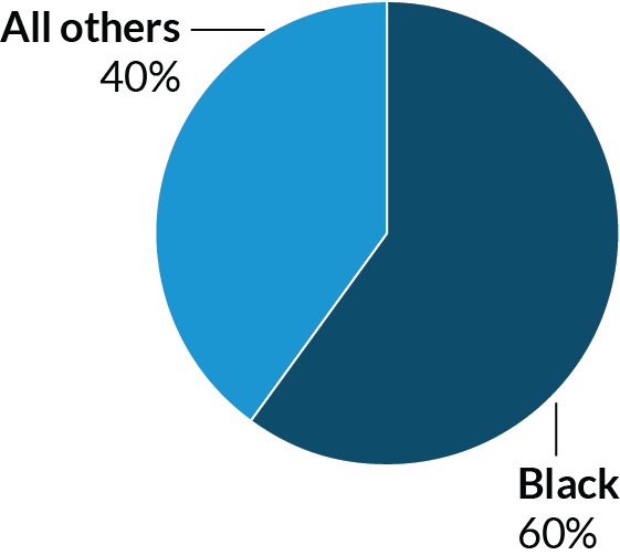 A pie chart showing that 60 percent of people serving the longest terms in Pennsylvania prisons black, and 40 percent of people serving the longest terms in Pennsylvania prisons fall within other racial and ethnic categories.